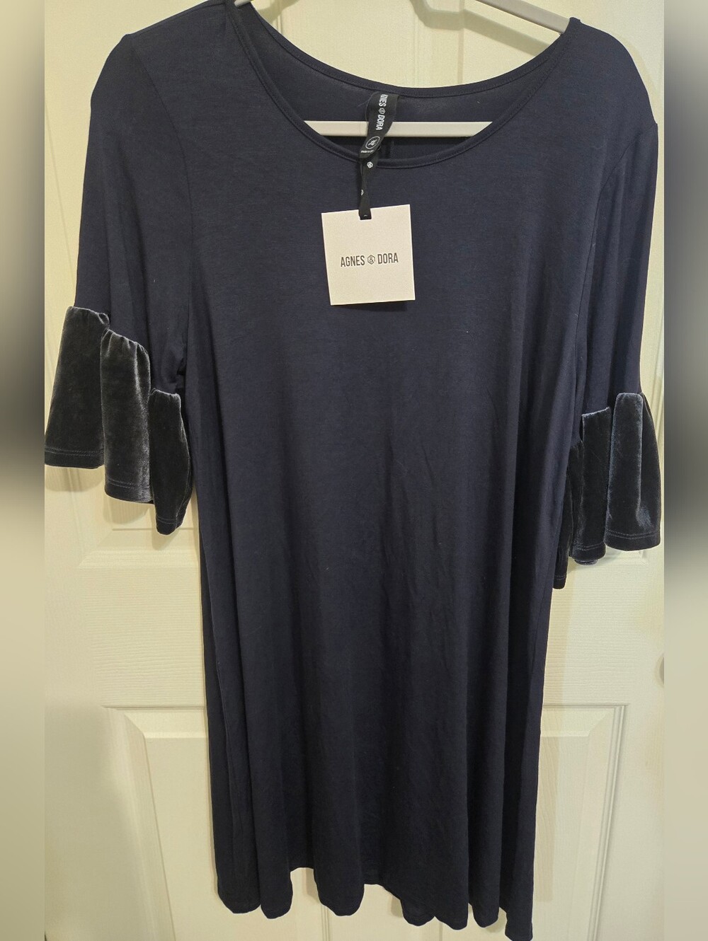 Agnes & Dora Navy Dress with Velvet Ruffle Sleeves